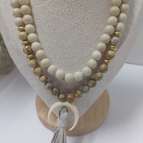 2/$30 Horn Crescent Moon Pendant Natural Jasper Gemstone Beads Necklace 36" Boho - Picture 2 of 7